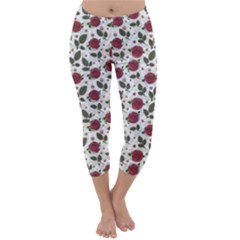 Roses Flowers Leaves Pattern Scrapbook Paper Floral Background Capri Winter Leggings  by Maspions