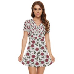 Roses Flowers Leaves Pattern Scrapbook Paper Floral Background V-neck High Waist Chiffon Mini Dress by Maspions