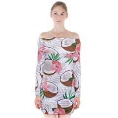 Seamless Pattern Coconut Piece Palm Leaves With Pink Hibiscus Long Sleeve Off Shoulder Dress by Apen