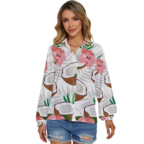 Seamless Pattern Coconut Piece Palm Leaves With Pink Hibiscus Women s Long Sleeve Button Up Shirt by Apen