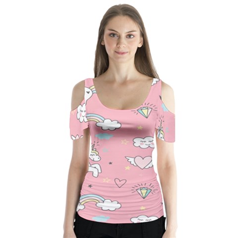 Cute Unicorn Seamless Pattern Butterfly Sleeve Cutout T-shirt  by Apen