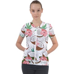 Seamless Pattern Coconut Piece Palm Leaves With Pink Hibiscus Short Sleeve Zip Up Jacket by Apen