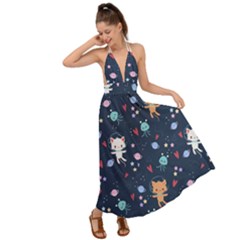 Cute Astronaut Cat With Star Galaxy Elements Seamless Pattern Backless Maxi Beach Dress by Apen