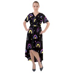 Wallpaper Pattern Rainbow Front Wrap High Low Dress by Maspions