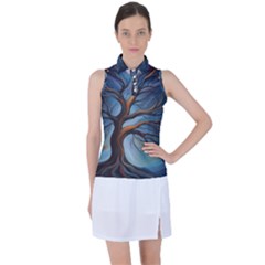 Tree Branches Mystical Moon Expressionist Oil Painting Acrylic Painting Abstract Nature Moonlight Ni Women s Sleeveless Polo T-shirt by Maspions