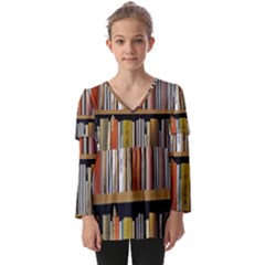 Book Nook Books Bookshelves Comfortable Cozy Literature Library Study Reading Reader Reading Nook Ro Kids  V Neck Casual Top by Maspions