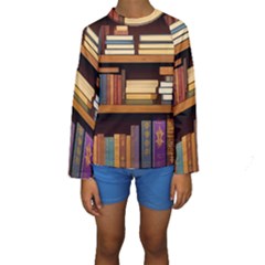 Book Nook Books Bookshelves Comfortable Cozy Literature Library Study Reading Room Fiction Entertain Kids  Long Sleeve Swimwear by Maspions