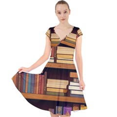 Book Nook Books Bookshelves Comfortable Cozy Literature Library Study Reading Room Fiction Entertain Cap Sleeve Front Wrap Midi Dress by Maspions