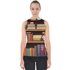 Book Nook Books Bookshelves Comfortable Cozy Literature Library Study Reading Room Fiction Entertain Mock Neck Shell Top by Maspions