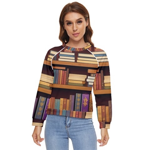 Book Nook Books Bookshelves Comfortable Cozy Literature Library Study Reading Room Fiction Entertain Women s Long Sleeve Raglan T-shirt by Maspions