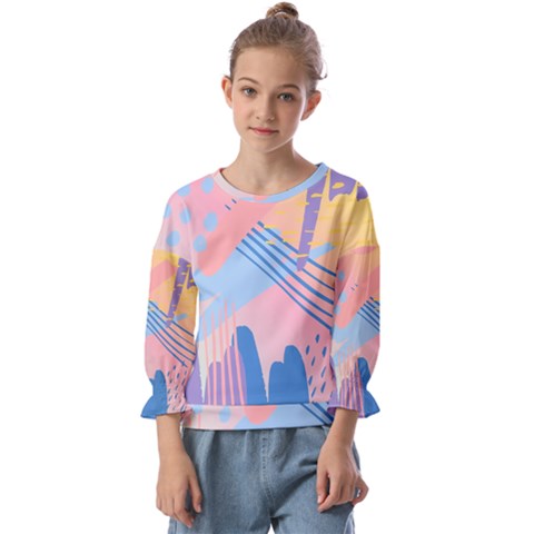 Abstract Lines Dots Pattern Purple Pink Blue Kids  Cuff Sleeve Top by Maspions