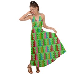 Trees Pattern Retro Pink Red Yellow Holidays Advent Christmas Backless Maxi Beach Dress by Maspions