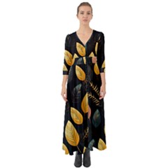 Gold Yellow Leaves Fauna Dark Background Dark Black Background Black Nature Forest Texture Wall Wall Button Up Boho Maxi Dress by Bedest