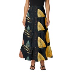 Gold Yellow Leaves Fauna Dark Background Dark Black Background Black Nature Forest Texture Wall Wall Tiered Ruffle Maxi Skirt by Bedest