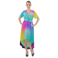 Circle Colorful Rainbow Spectrum Button Gradient Psychedelic Art Front Wrap High Low Dress by Maspions