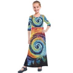 Cosmic Rainbow Quilt Artistic Swirl Spiral Forest Silhouette Fantasy Kids  Quarter Sleeve Maxi Dress by Maspions