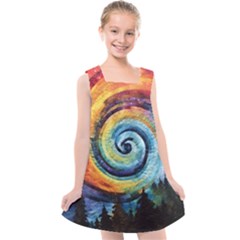 Cosmic Rainbow Quilt Artistic Swirl Spiral Forest Silhouette Fantasy Kids  Cross Back Dress by Maspions