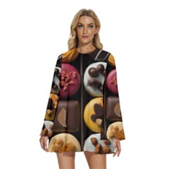 Chocolate Candy Candy Box Gift Cashier Decoration Chocolatier Art Handmade Food Cooking Round Neck Long Sleeve Bohemian Style Chiffon Mini Dress by Maspions