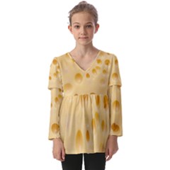 Cheese Texture, Yellow Cheese Background Kids  V Neck Casual Top by nateshop