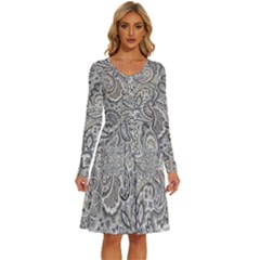 Gray Paisley Texture, Paisley Long Sleeve Dress With Pocket by nateshop