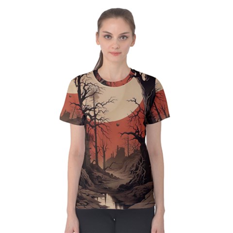 Comic Gothic Macabre Vampire Haunted Red Sky Women s Cotton T-shirt by Maspions