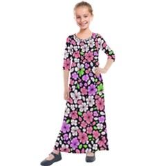 Flowers Floral Pattern Digital Texture Beautiful Kids  Quarter Sleeve Maxi Dress by Maspions