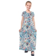 Floral Background Wallpaper Flowers Bouquet Leaves Herbarium Seamless Flora Bloom Kids  Short Sleeve Maxi Dress by Maspions