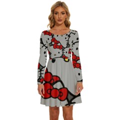 Hello Kitty, Pattern, Red Long Sleeve Wide Neck Velvet Dress by nateshop