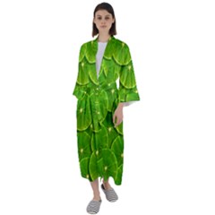 Lime Textures Macro, Tropical Fruits, Citrus Fruits, Green Lemon Texture Maxi Satin Kimono by nateshop