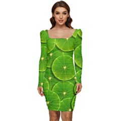 Lime Textures Macro, Tropical Fruits, Citrus Fruits, Green Lemon Texture Women Long Sleeve Ruched Stretch Jersey Dress by nateshop