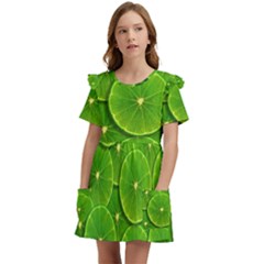 Lime Textures Macro, Tropical Fruits, Citrus Fruits, Green Lemon Texture Kids  Frilly Sleeves Pocket Dress by nateshop