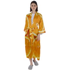 Oranges Textures, Close-up, Tropical Fruits, Citrus Fruits, Fruits Maxi Satin Kimono by nateshop