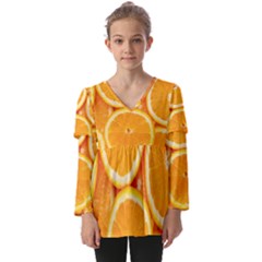 Oranges Textures, Close-up, Tropical Fruits, Citrus Fruits, Fruits Kids  V Neck Casual Top by nateshop