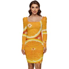 Oranges Textures, Close-up, Tropical Fruits, Citrus Fruits, Fruits Women Long Sleeve Ruched Stretch Jersey Dress by nateshop