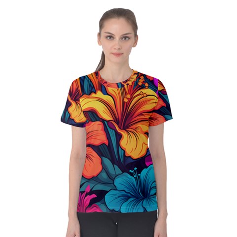 Hibiscus Flowers Colorful Vibrant Tropical Garden Bright Saturated Nature Women s Cotton T-shirt by Maspions