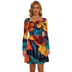 Hibiscus Flowers Colorful Vibrant Tropical Garden Bright Saturated Nature Long Sleeve Wide Neck Velvet Dress by Maspions