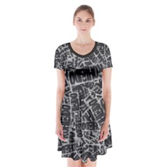 Rebel Life: Typography Black And White Pattern Short Sleeve V-neck Flare Dress by dflcprintsclothing