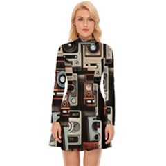 Retro Cameras Old Vintage Antique Technology Wallpaper Retrospective Long Sleeve Velour Longline Dress by Grandong