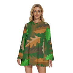 Leaves Foliage Pattern Oak Autumn Round Neck Long Sleeve Bohemian Style Chiffon Mini Dress by Maspions