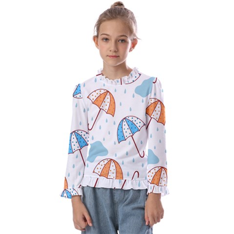 Rain Umbrella Pattern Water Kids  Frill Detail T-shirt by Maspions