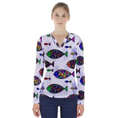 Fish Abstract Colorful V-neck Long Sleeve Top by Maspions