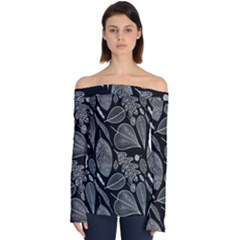 Leaves Flora Black White Nature Off Shoulder Long Sleeve Top by Maspions