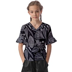 Leaves Flora Black White Nature Kids  V-neck Horn Sleeve Blouse by Maspions