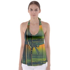 Outdoors Night Moon Full Moon Trees Setting Scene Forest Woods Light Moonlight Nature Wilderness Lan Tie Back Tankini Top by Posterlux