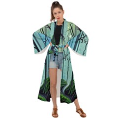 Nature Outdoors Night Trees Scene Forest Woods Light Moonlight Wilderness Stars Maxi Kimono by Posterlux