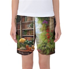 Room Interior Library Books Bookshelves Reading Literature Study Fiction Old Manor Book Nook Reading Women s Basketball Shorts by Posterlux