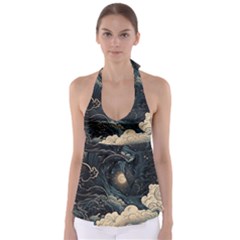 Starry Sky Moon Space Cosmic Galaxy Nature Art Clouds Art Nouveau Abstract Tie Back Tankini Top by Posterlux