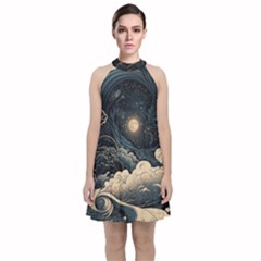 Starry Sky Moon Space Cosmic Galaxy Nature Art Clouds Art Nouveau Abstract Velvet Halter Neckline Dress  by Posterlux