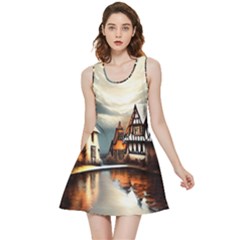 Village Reflections Snow Sky Dramatic Town House Cottages Pond Lake City Inside Out Reversible Sleeveless Dress by Posterlux