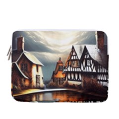 Village Reflections Snow Sky Dramatic Town House Cottages Pond Lake City 13  Vertical Laptop Sleeve Case With Pocket by Posterlux